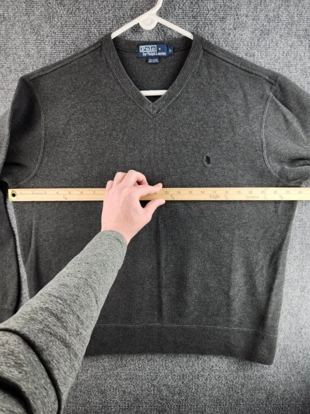 Polo Ralph Lauren Mediumweight Large Knit Gray Cotton V Neck Sweater Pony Logo